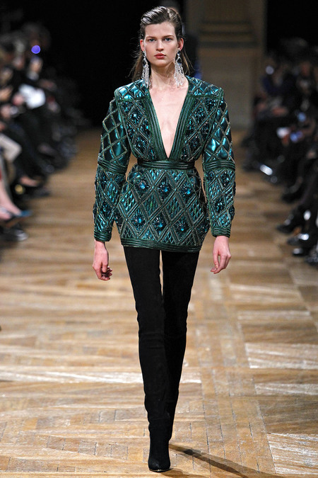 Balmain Fall 2013  Green metallic top and black pants | zaidd'or